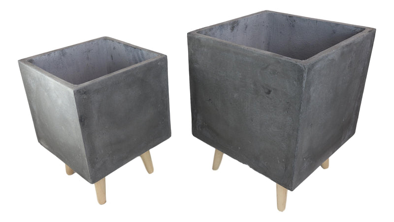 Set of 2 Contemporary Gray Fiber Clay Square Cube Planters Pots With Wooden Feet