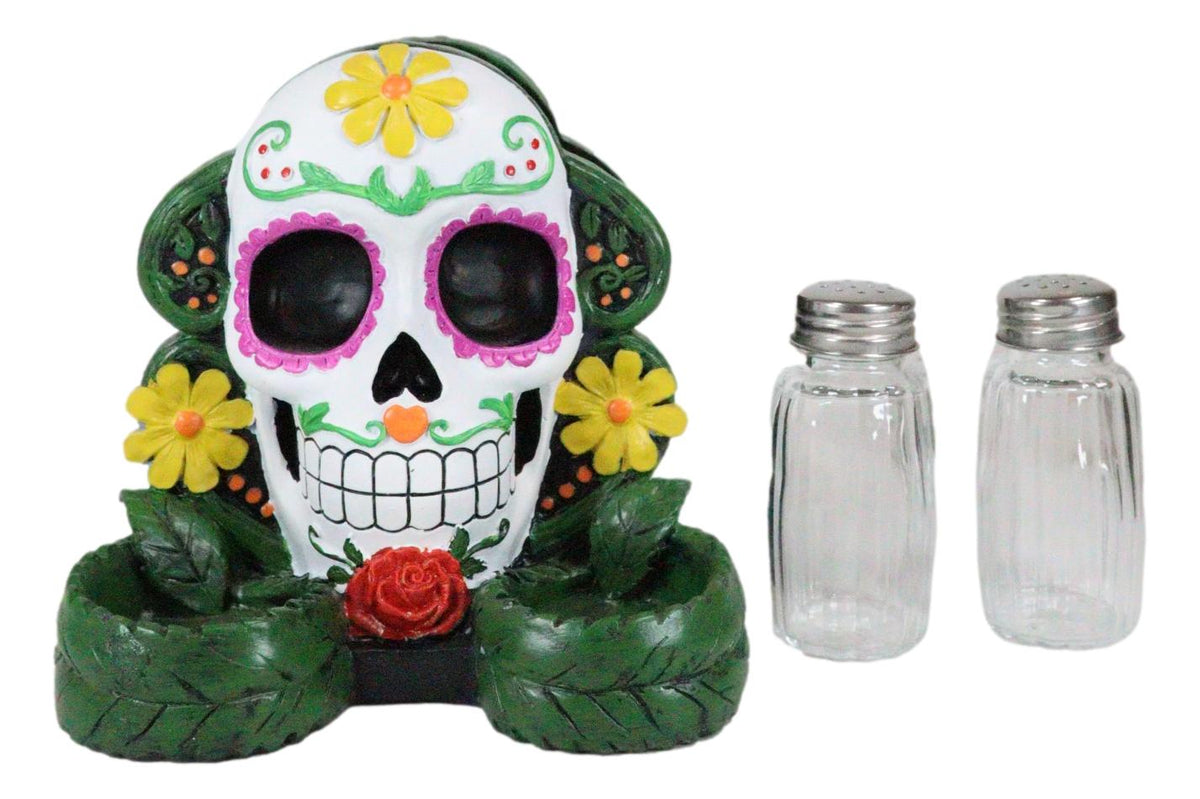 Sugar Skull Day Of The Dead Gothic Rose Salt Pepper Shakers Napkin Holder Set