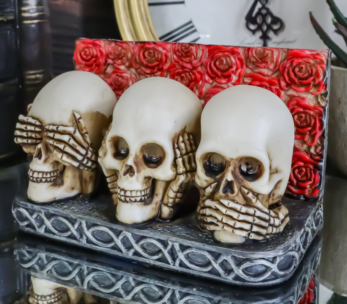 Gothic See Hear Speak No Evil Skulls By Red Roses Business Cards Holder Figurine