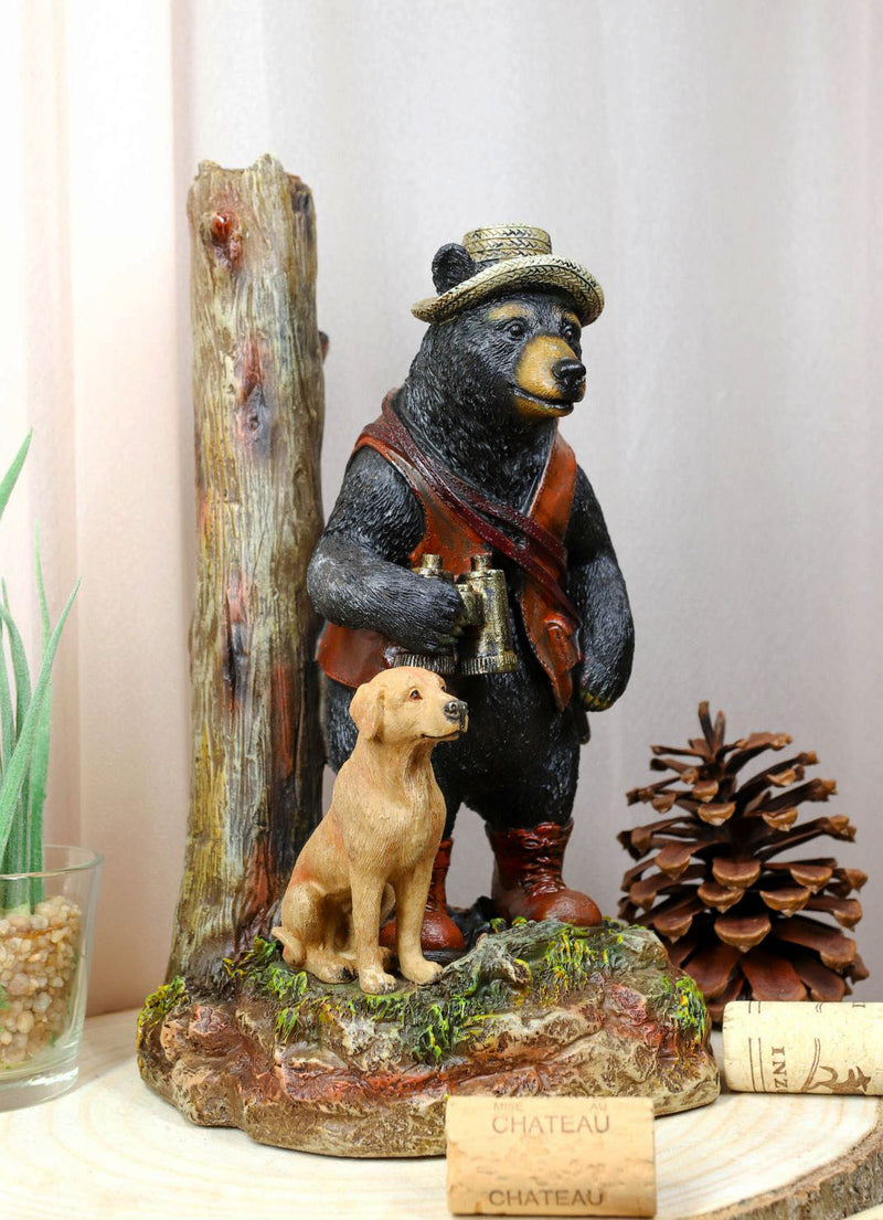 Rustic Black Bear Carrying Backpack Binoculars Shotgun With Hunting Dog Figurine