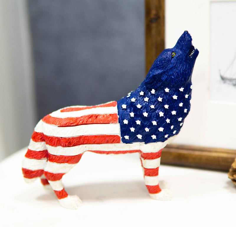 Patriotic American US Flag Native Tribal Howling Wolf Spirit Figurine Collection