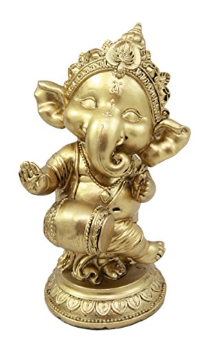 Hindu Elephant God Ritual Dancing Ganesha With Mridangam Drum Golden Statue 6"H