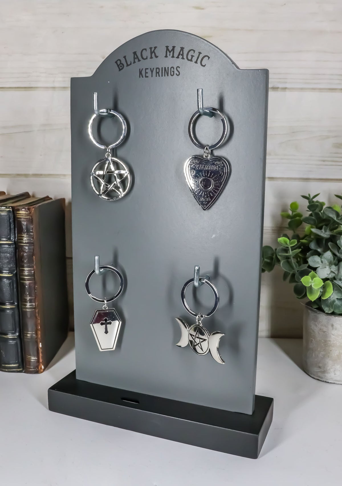 Metal Wicca Triple Moon Pentagram Coffin Planchette 24 Keychains And Display Set