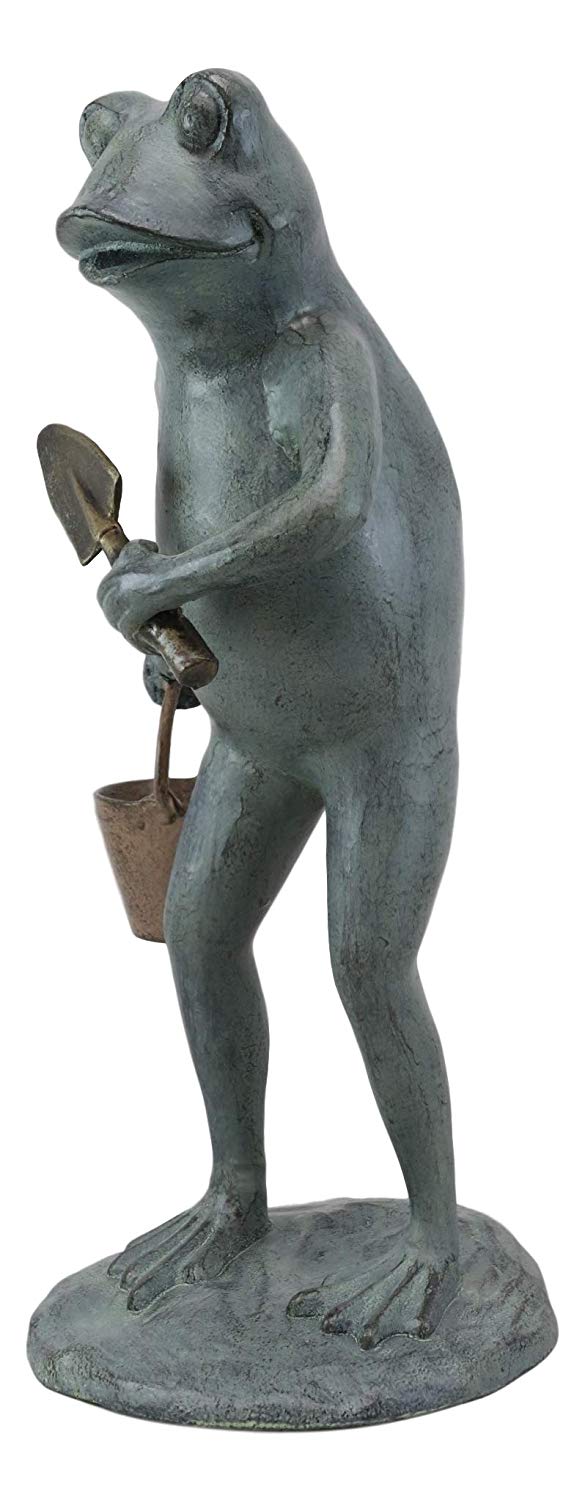 Ebros Gift19" Tall Aluminum Whimsical Green Thumb Garden Frog With Shovel And Pail Statue