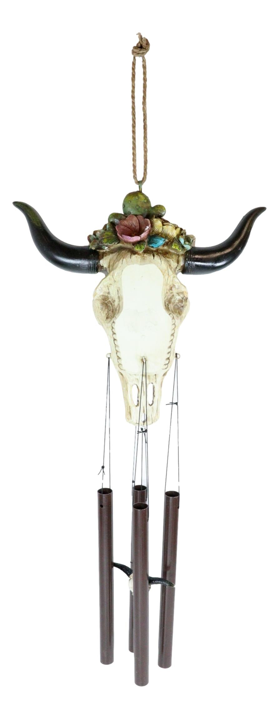 Southwest Rustic White Faux Wood Cow Skull With Floral Succulents Wind Chime