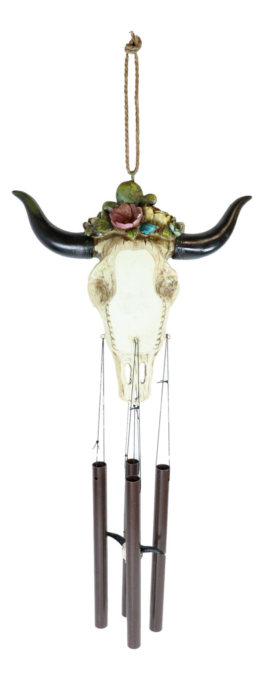 Southwest Rustic White Faux Wood Cow Skull With Floral Succulents Wind Chime