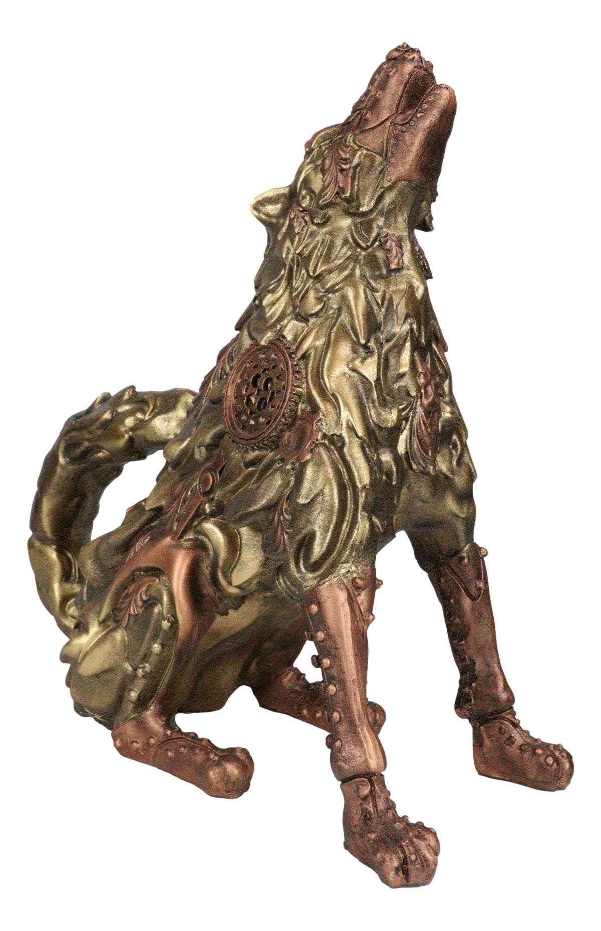 Steampunk Armor Geared Golden Robotic Alpha Wolf Howling At The Moon Statue - Ebros Gift