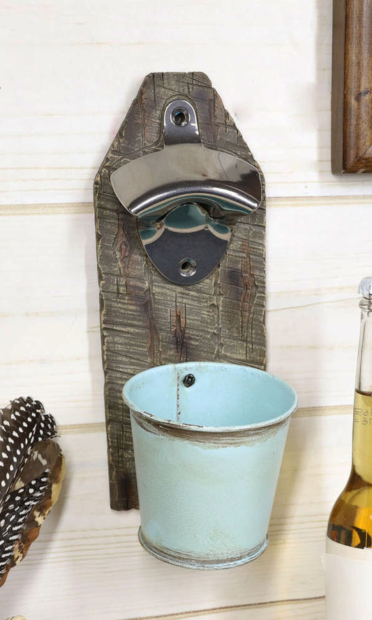 Rustic Western Nautical Wooden Wall Beer Bottle Opener With Vintage Bucket Pail