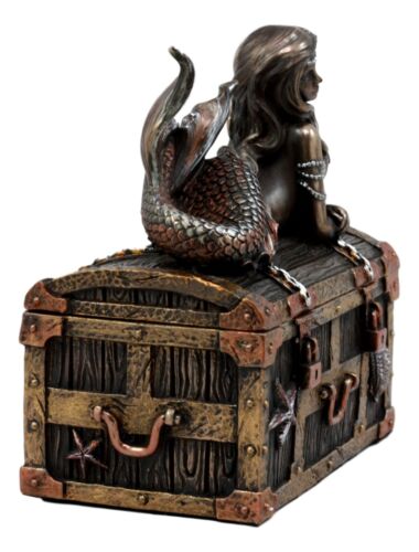 Bronzed Mermaid Nerida Resting On Sunken Treasure Jewelry Box Figurine 5.25"L