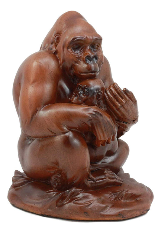 Ebros Jungle Wildlife Female Gorilla with Baby Statue 6.5" Tall Resin in Faux Wood Finish - Ebros Gift