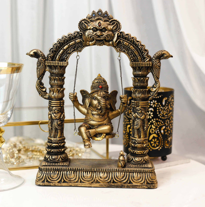 Hindu Supreme God Baby Ganesha Divine Child On Swing With Mooshika Mouse Statue