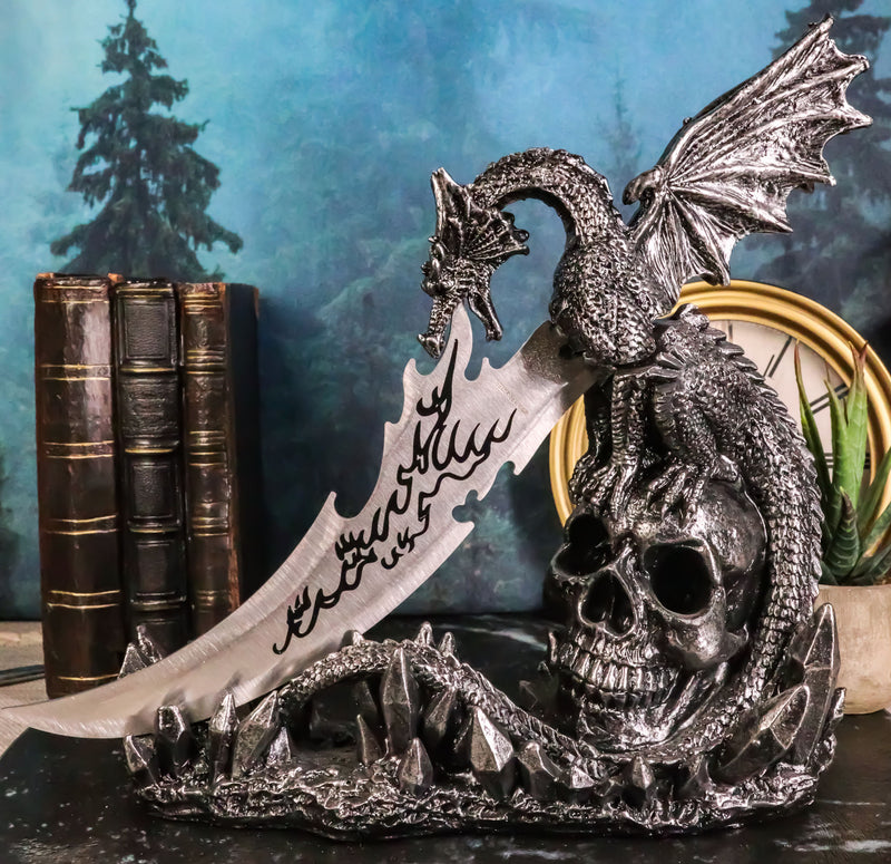 Fantasy Leviathan Dragon On Graveyard Skull With Fire Dagger Letter Opener Set