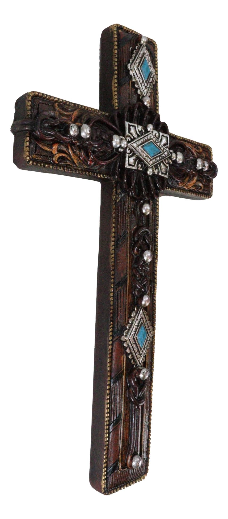 Rustic Western Turquoise Gems Silver Conchos Tooled Leather Wall Cross Decor - Ebros Gift