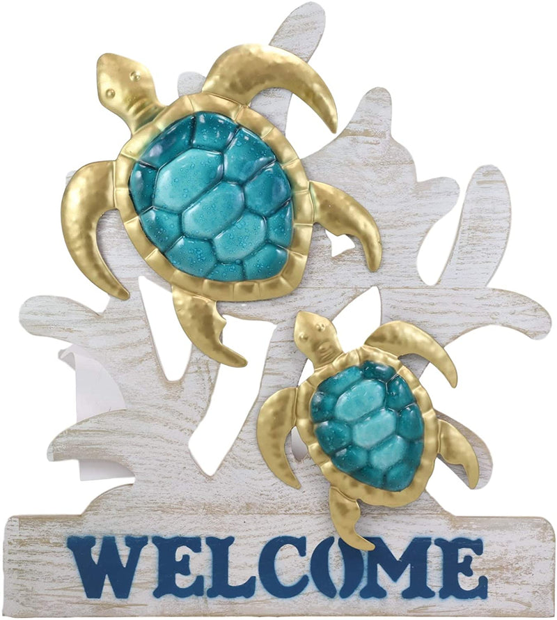 Ebros Aluminum Sea Turtles With Welcome Sign Hanging Wall Decor Plaque 17.5"Tall