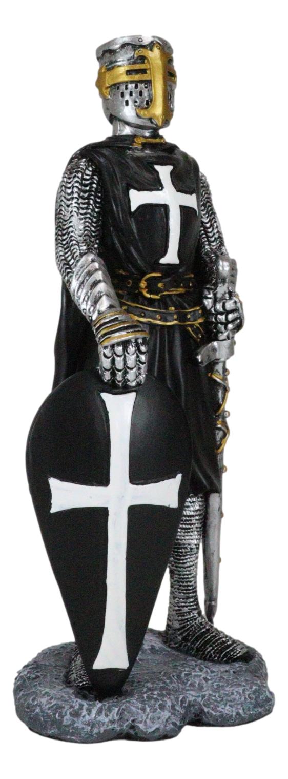 Black Cloak Medieval Crusader Swordsman With Shield Of Faith Knight Figurine