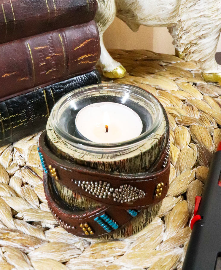 Western Turquoise Belt Buckle Crossed On Faux Wood Trunk Votive Candle Holder