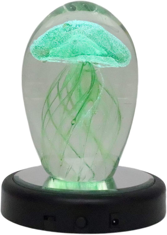 Ebros Art Glass Glow in The Dark Translucent Jellyfish With LED Base (Green)