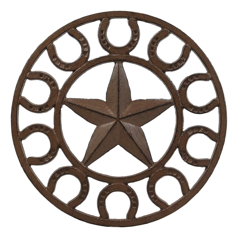 Ebros Gift 10" Diameter Western Lone Star with Horseshoes Border Cast Iron Metal Round Trivet