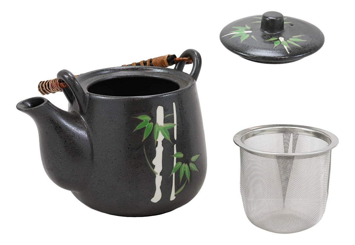 Ebros China Winter Lucky Bamboo Design Porcelain Black 20oz Tea Pot and 4 Cups Set - Ebros Gift