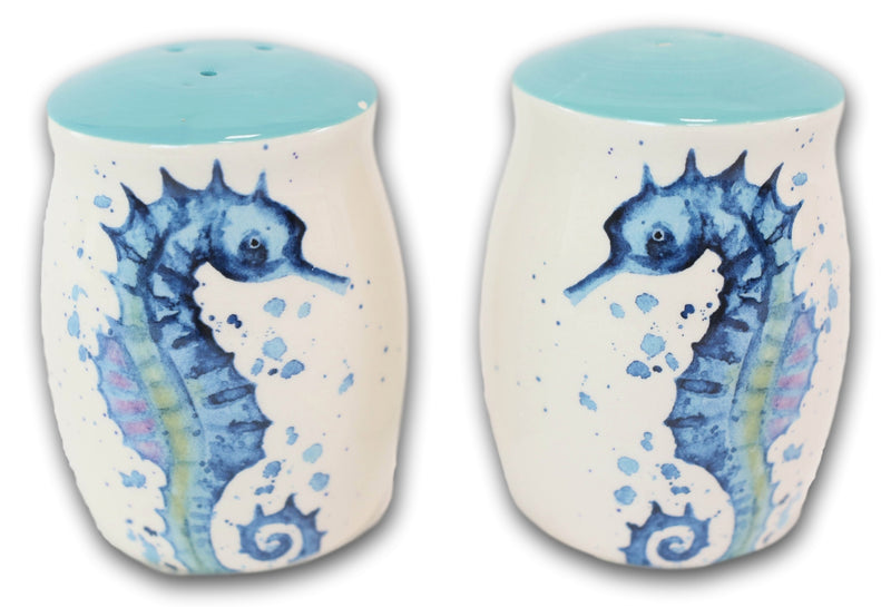 Nautical Blue White Seahorse With Bubbles Ceramic Salt And Pepper Shakers Set