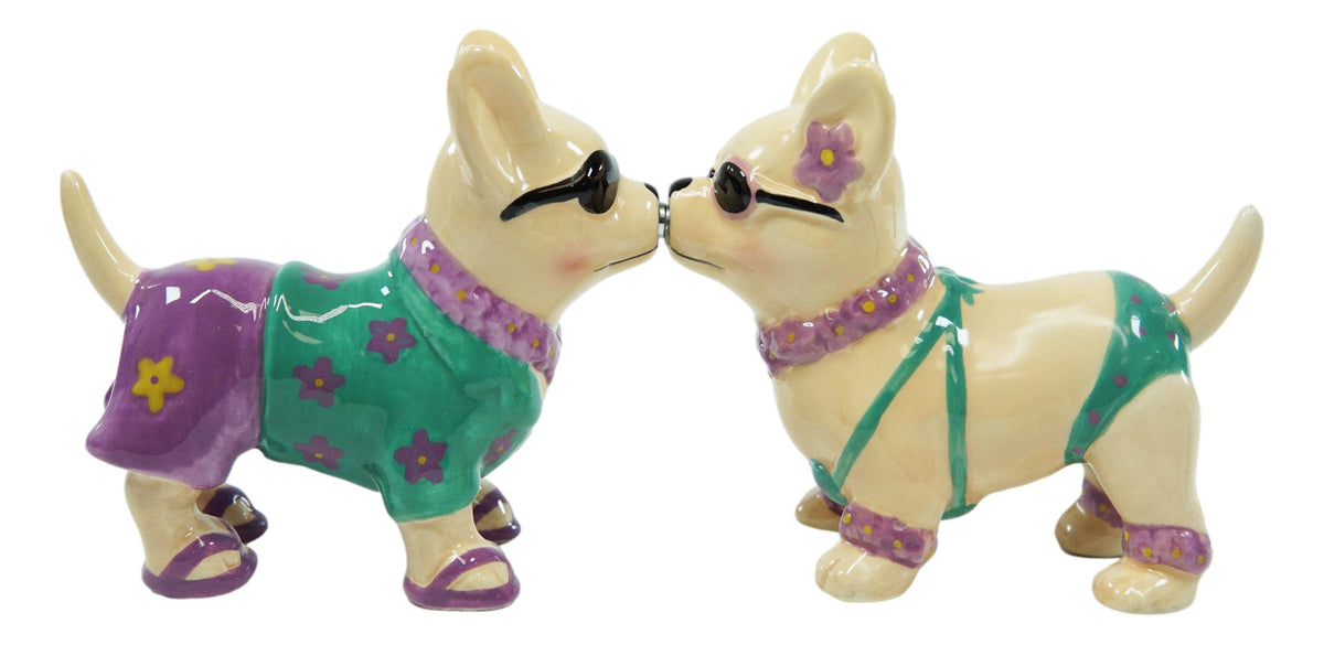 Ebros Beach Honeymoon Lovers Kissing Chihuahua Dogs Ceramic Salt Pepper Shakers Set - Ebros Gift