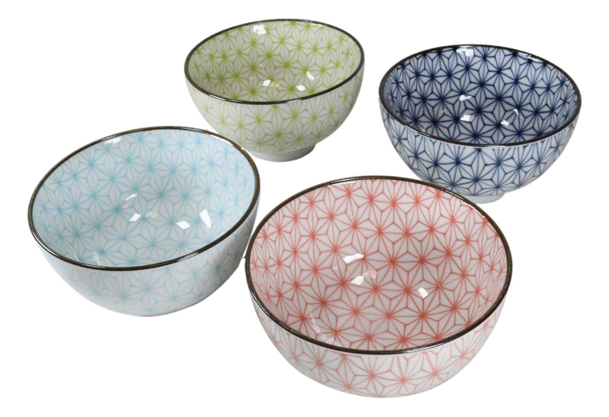 Ebros Gift Japanese Colorful Matrix Polygon Bowls Food Safe 4.5" Diameter Japanese Decorative Bowl Set of 4 Ceramic