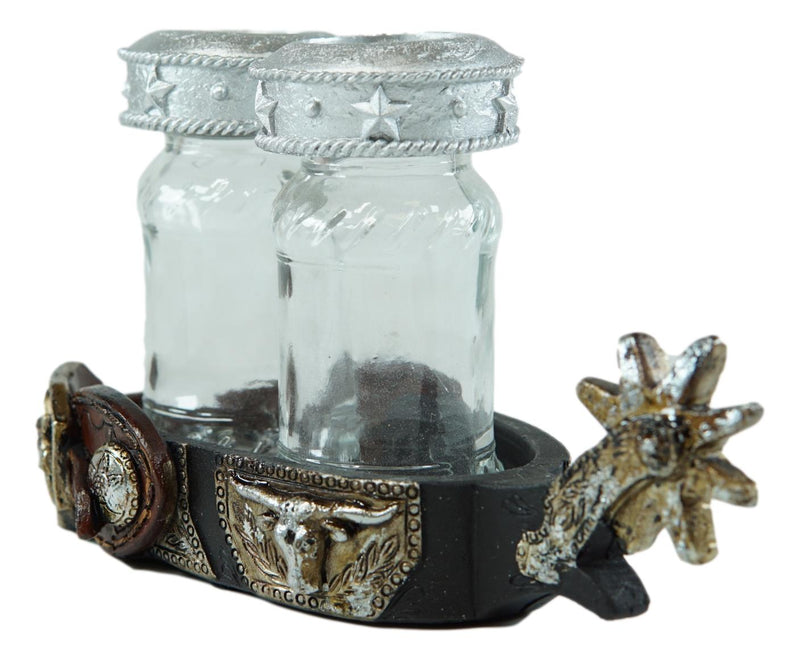 Western Cowboy Boot Spur Longhorn Concho Faux Leather Salt Pepper Shakers Set