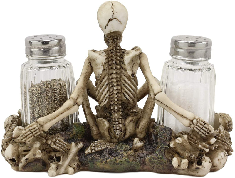 Ebros Meditating Skeleton On Graveyard Of Skulls Salt & Pepper Shakers Holder