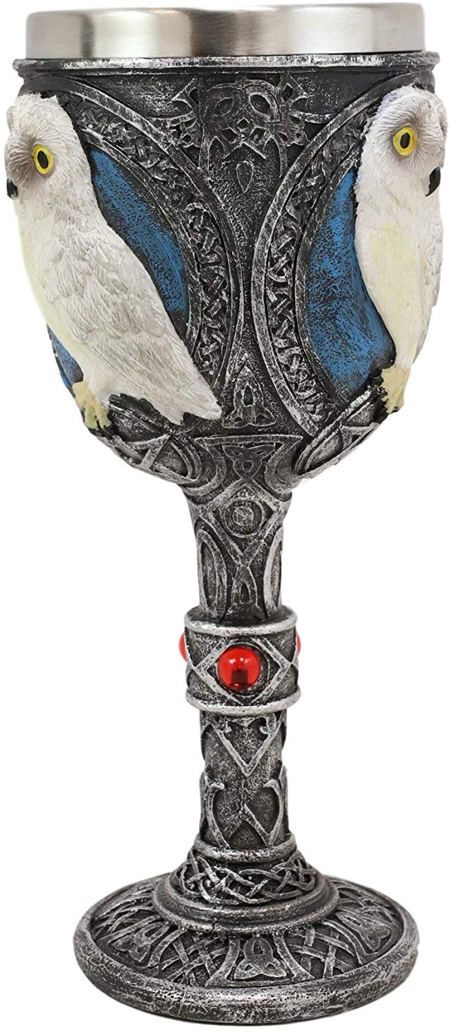 Ebros Dazed Snow White Owl With Celtic Tribal Tattoo Wine Goblet Chalice 7.25"H
