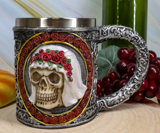 Ebros Love Never Dies Bride & Groom Skulls W/ Rose Wreaths Scroll 2-Sided Mug
