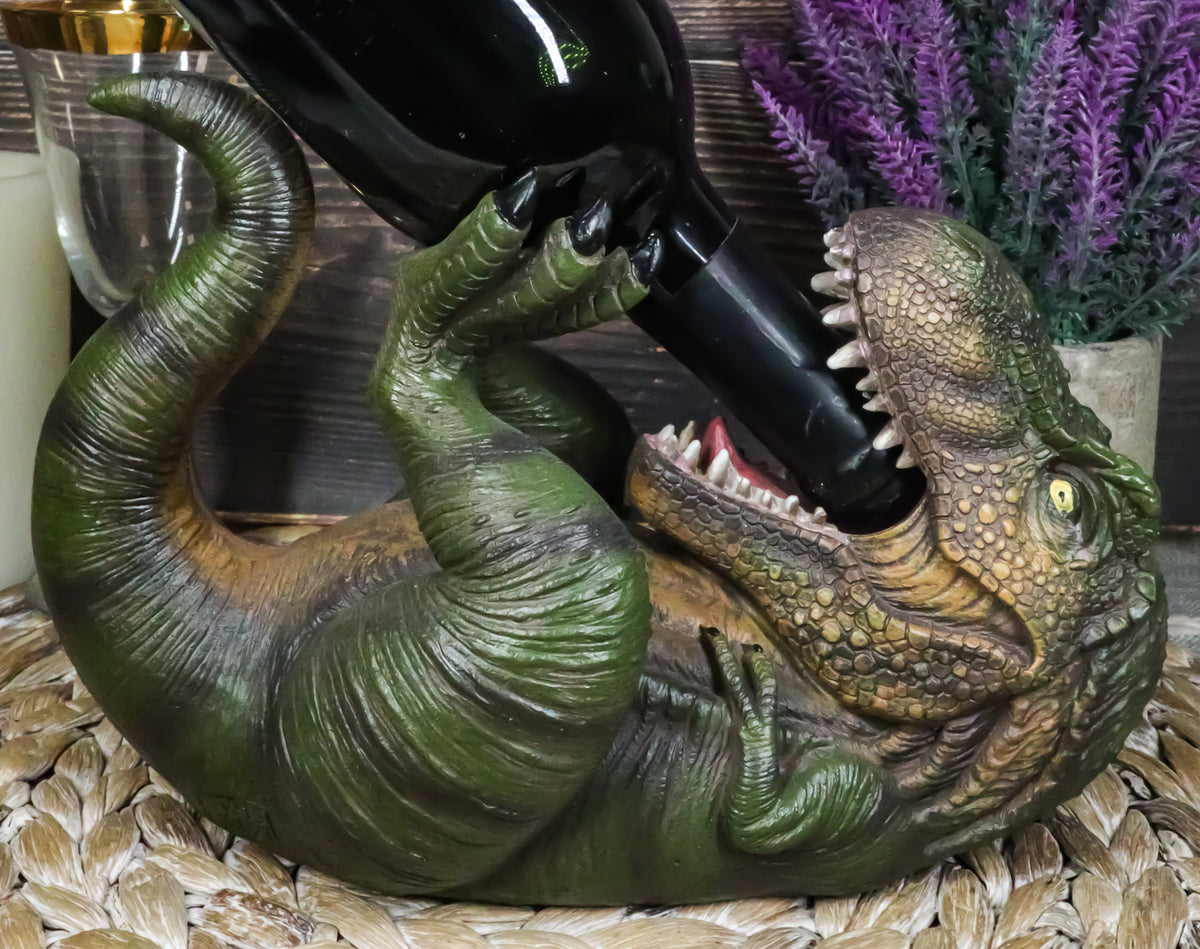 Dino Wino Prehistoric Dinosaur Thirsty T-Rex Wine Bottle Holder 9.25"Long Trex - Ebros Gift