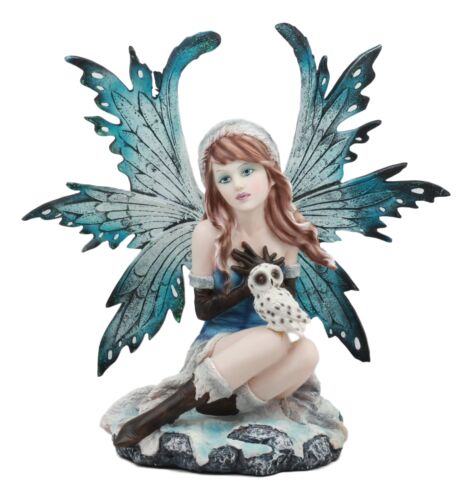 Large 11.5"Tall Blizzard Winter Fairy With White Snow Owl Statue Faerie Garden - Ebros Gift