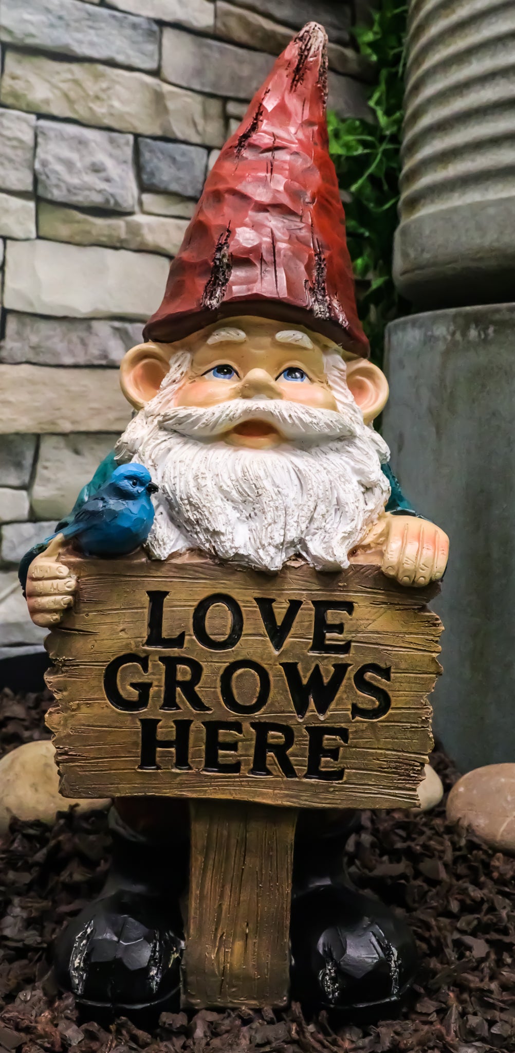 Whimsical Festive Garden Mr Gnome And Bluebird With Love Grows Here Sign Statue