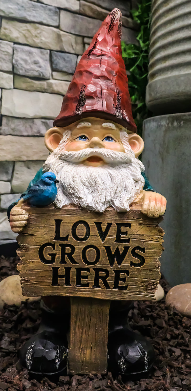 Whimsical Festive Garden Mr Gnome And Bluebird With Love Grows Here Sign Statue