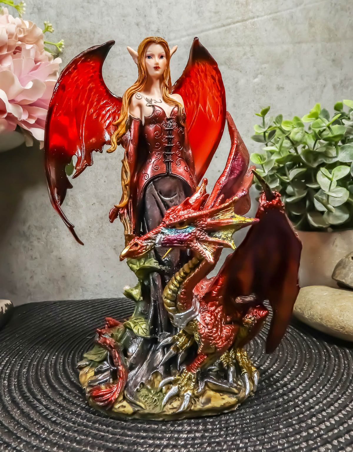 Ebros Red Fairy Dragon Figurine 8"H Pixie Fire Fairy W/ Chained Dragon Figurine