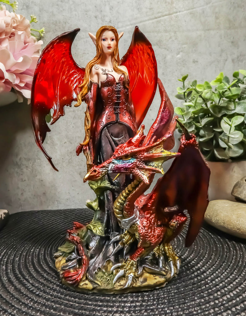 Ebros Red Fairy Dragon Figurine 8"H Pixie Fire Fairy W/ Chained Dragon Figurine