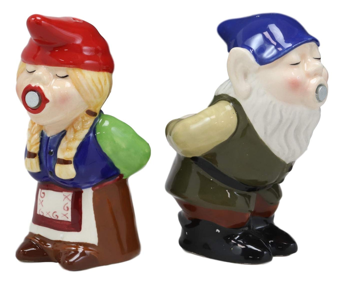 Kissing Mr & Mrs Gnome Couple Magnetic Salt Pepper Shakers Ceramic Figurine Set - Ebros Gift