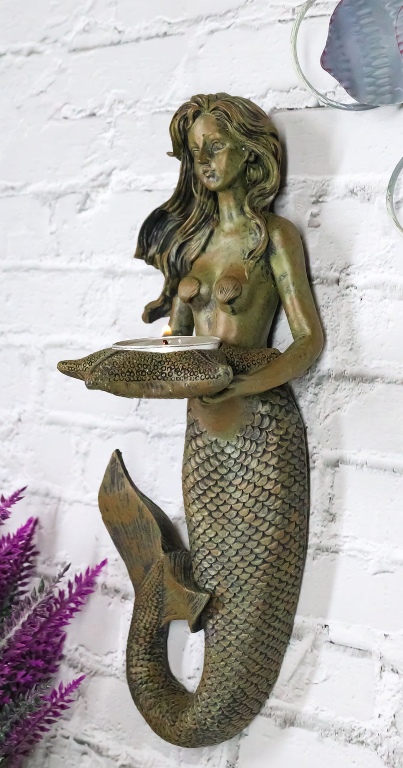Rustic Rust Bronze Finish Nautical Ocean Mermaid With Shell Candle Wall Sconce
