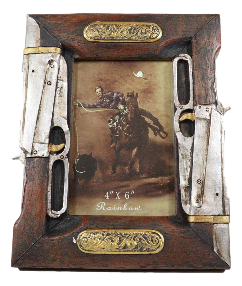 Rustic Western Double Rifle Guns Faux Wood 4"X6" Desktop Or Wall Picture Frame