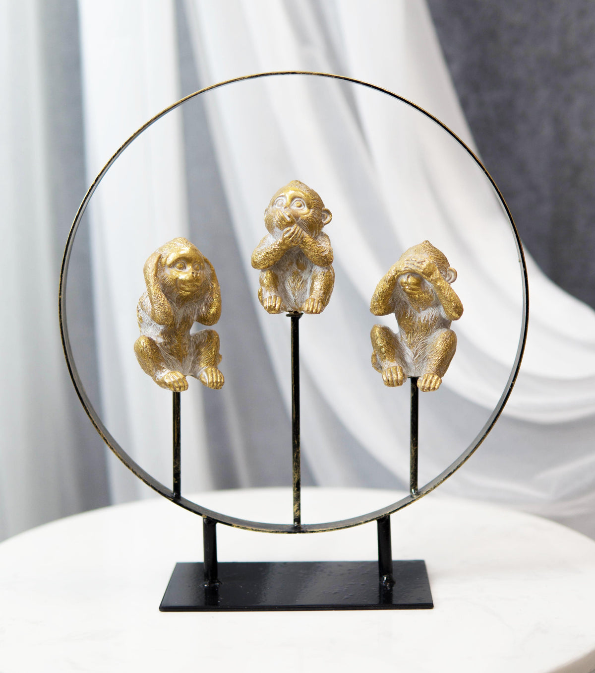 Golden See Hear Speak No Evil Monkeys In Peace Circle Ring Stand Decor Statue