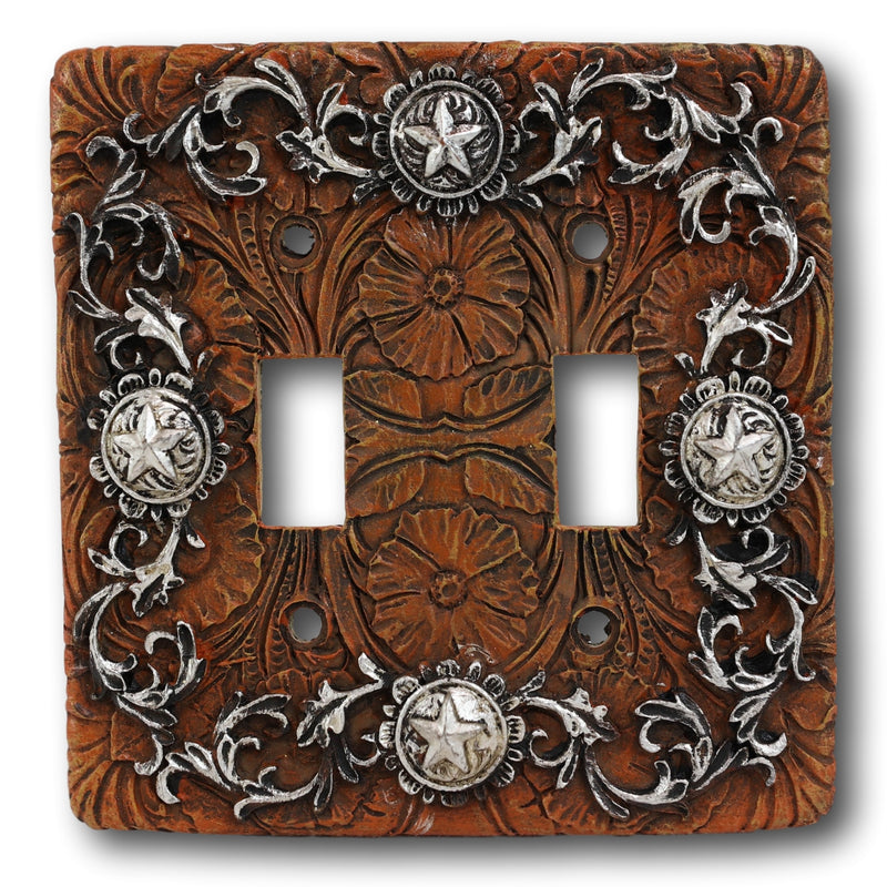 Set of 2 Western Stars And Tooled Lace Scroll Wall Double Toggle Switch Plates
