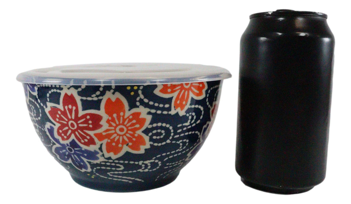 Ebros Set of 2 Ceramic Blue Cherry Blossoms Portion Meal Bowls 3 Cups Airtight Lid