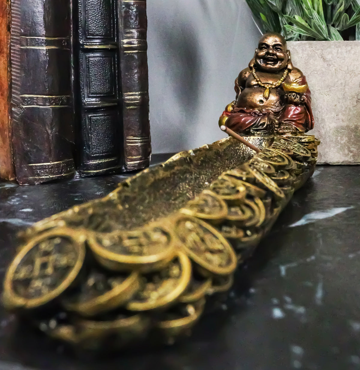 Lucky Buddha Hotei Holding Gold Ingot And Wine Gourd Incense Holder Figurine