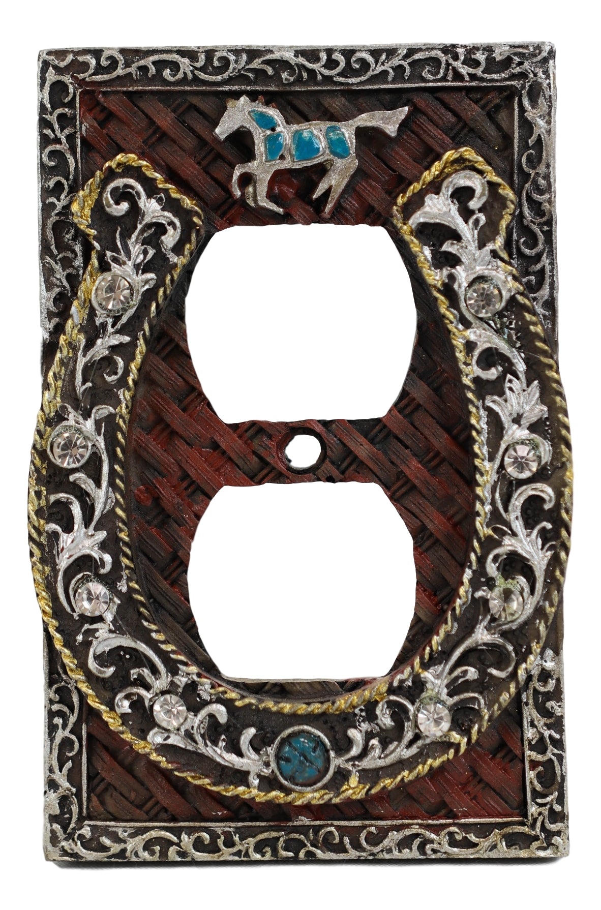 Set of 2 Western Horseshoe Turquoise Mustang Wall Double Receptacle Outlet Plate - Ebros Gift