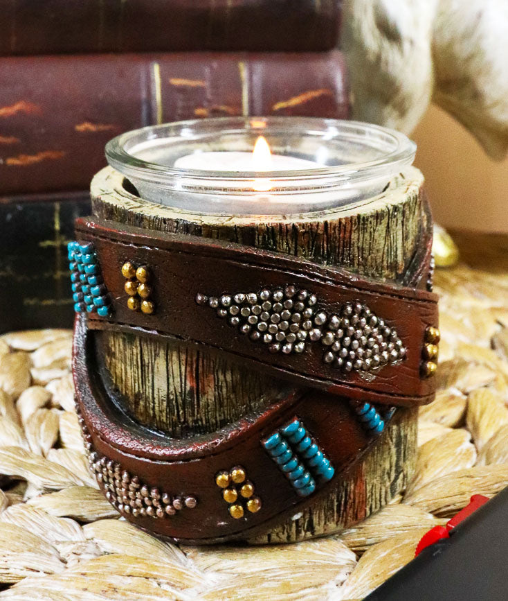 Pack Of 2 Western Turquoise Belt Buckle On Faux Wood Trunk Votive Candle Holders