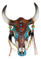 Southwest Tooled Leather Cow Skull With Turquoise Gems And Feathers Wall Decor