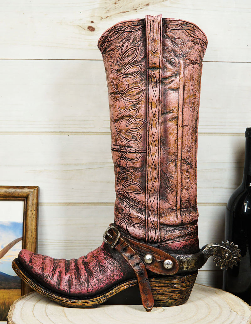 Rustic Western Blush Pink Floral Faux Tooled Leaher Cowboy Boot Figurine Or Vase