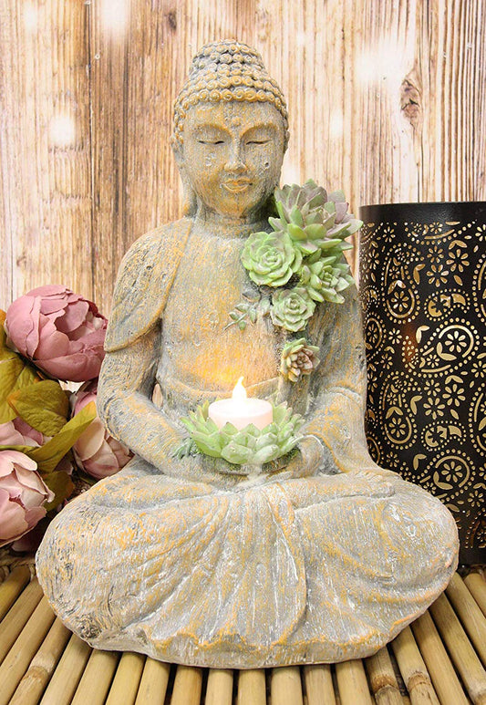 Ebros Meditating Shakyamuni Buddha Gautama with Ushnisha Head and Floral Succulents Lotus Votive Tea Light Candle Holder Statue 13" H in Faux Stone Finish Buddhism Bodhisattva Feng Shui Zen Figurine