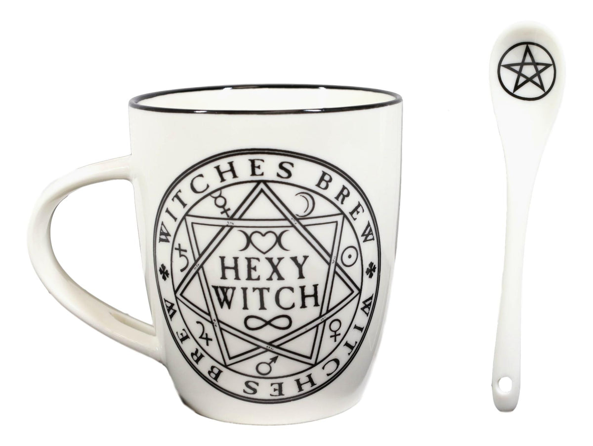 Magical Symbols Pentacles Witches Brew Hexy Witch Coffee Mug And Spoon Set - Ebros Gift