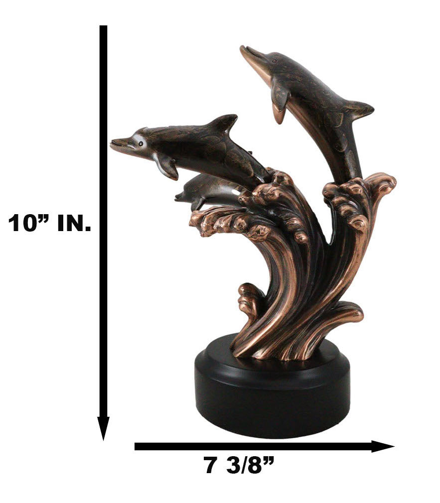 Bronze Electroplated Three Bottlenose Dolphins Riding Over Ocean Waves Statue